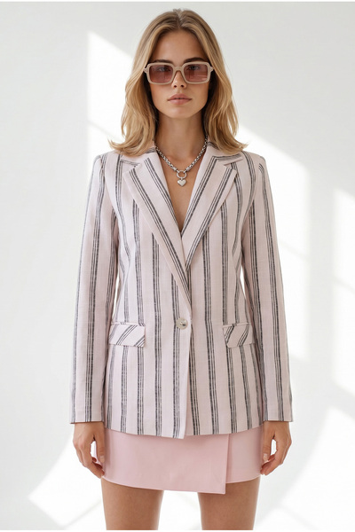 Olalook Women's Powder Striped Lined Linen Blazer Jacket Ckt-19000535