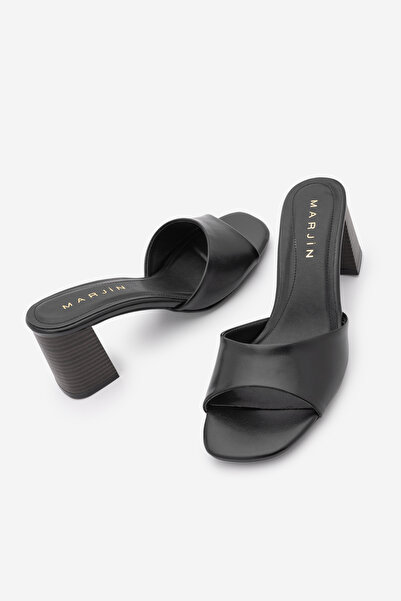 Marjin Women's Blunt Toe Banded Thick Heeled Slippers Deyola Black