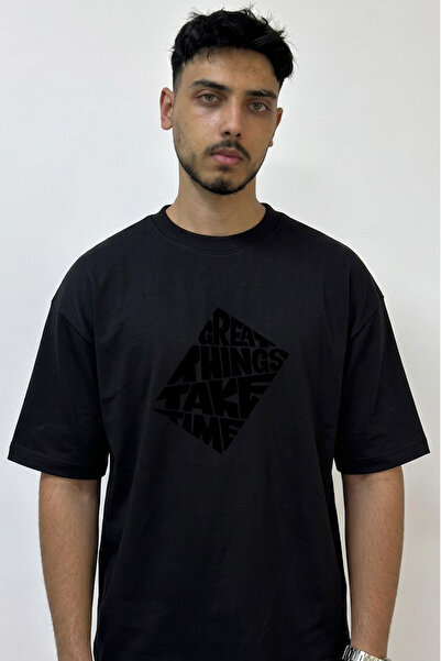 Anetos Motivational Design Printed Oversize Black T-Shirt