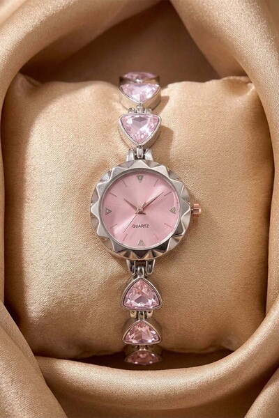The Watch Swiss Women's Silver Color Pink Triangle Stone Detailed Metal Cord ...