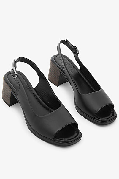 SAYL Black Genuine Leather Open-Back Thick Heeled Women's Sandals