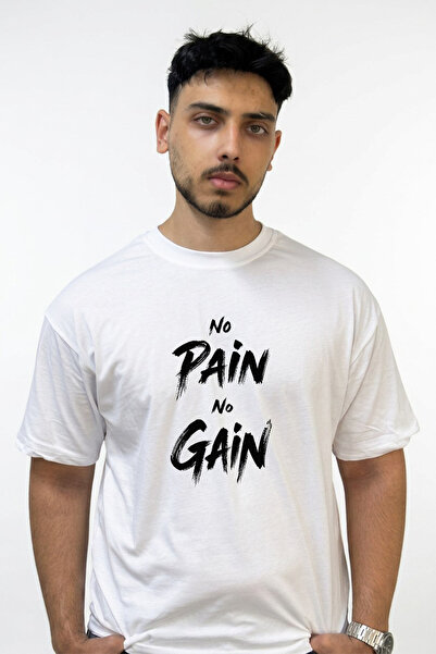 Anetos No Pain No Gain Design Printed Oversize White T-Shirt