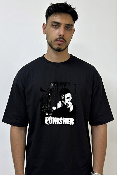 Anetos Μαύρο μπλουζάκι με στάμπα Punisher Design σε μεγάλο μέγεθος