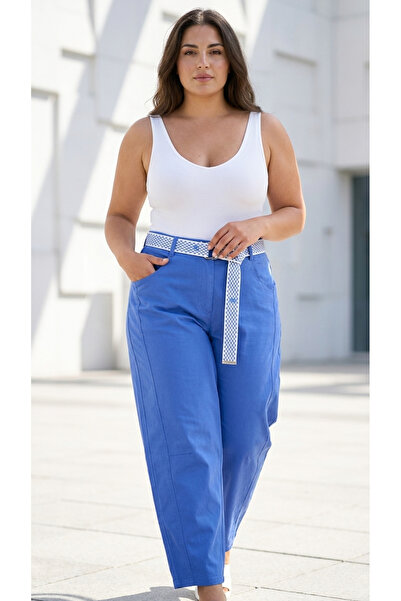 ZANESSİ FASHION Plus Size Elastic Waist Belted Pocketed Lycra Mom Women's Tro...