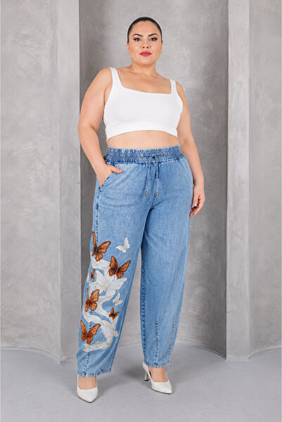 ZANESSİ FASHION Plus Size Elastic Waist Lace-Up Butterfly Figured Stone Embro...