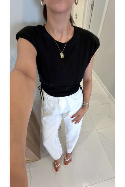 BİRCANÇİL Sitta Black T-Shirt with Drawstrings on the Sides