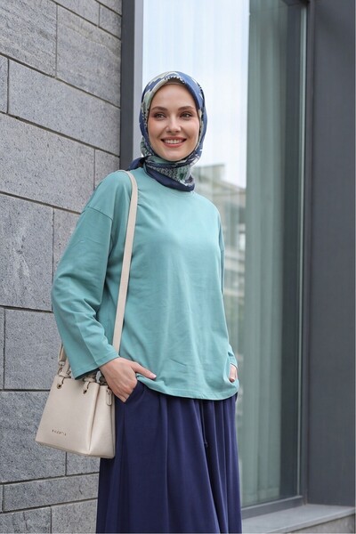 Modamorfo Round Neck Casual Combed Cotton Tunic -Mint