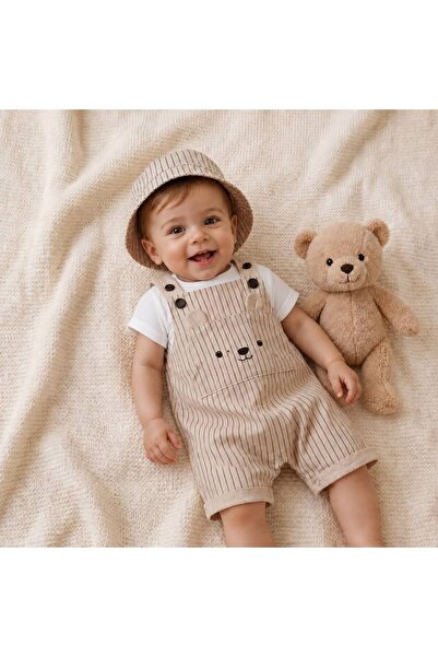 TİNY GOLDEN Baby Boy Hat and Salopet Set Striped Cotton Linen Teddy Bear Pock...