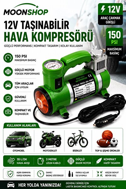 MOONSHOP 12V Araç Hava Kompresörü 150 PSI Taşınabilir Lastik Şişirme Pompası ...