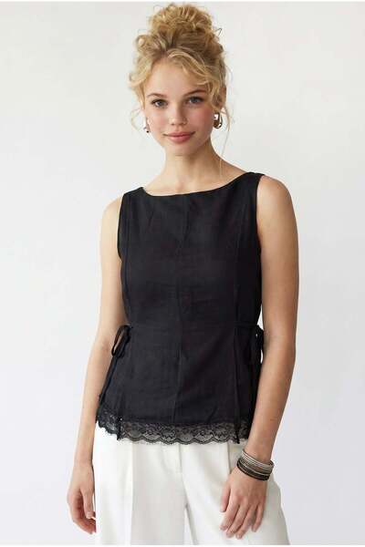 Mixray 2131 Women's Linen Look Lace Detailed Sleeveless Blouse Black