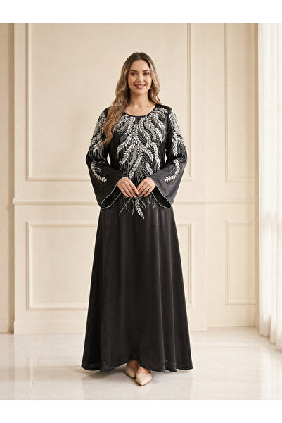 Finelook Embellished Elegant Dress with Silver Beaded Leaf Embroidery & Bell ...