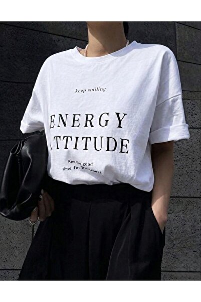 LELVANİ Women's Energy Attitude Keep Smiling Printed Crewneck T-Shirt