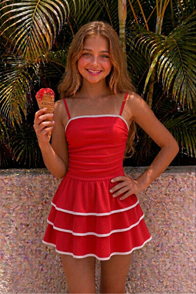 Machetta Girl's White Ruffle Dress with Piping Detail and Rope Straps