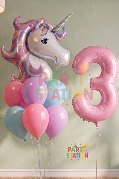 Parti Station 3 Yaş Unicorn Doğum Günü Balon Seti | Unicorn Folyo Balon + Rak...
