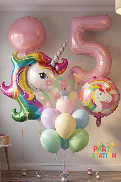 Parti Station Unicorn Balon Seti 5 Yaş Doğum Günü Süsleme Seti Pembe Rakam Ba...