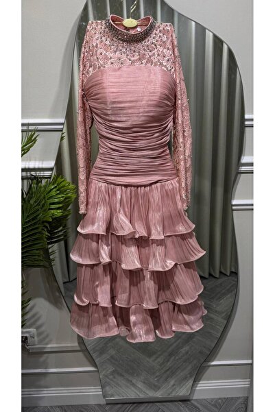 led style Mini Crinkle Layered Dress with Shimmering Embroidery