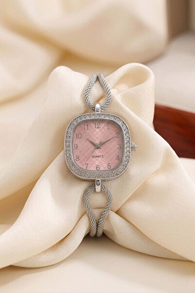 GANYMET Clays Women's Silver Straw Band Pink Dial Stone Detailed Elegant Quar...