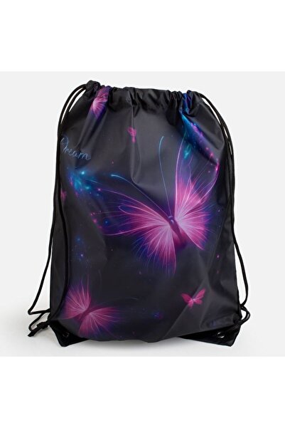OEM Rucsac tip săculeț cu fluturi, negru, 33x44 cm – geantă ușoară pentru copii