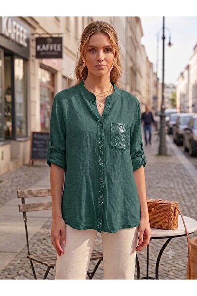 AYASOFYA OTANTIK Women's Italian Collar, Sequin Detailed, Pocketed, Foldable ...