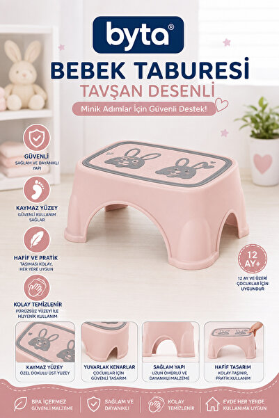 BYTA Tavşan Desenli Kaymaz Çocuk Basamağı Bebek Lavabo ve Klozet Basamağı Pembe