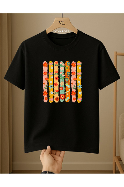 VİVA LORA Floral Motif Print Women's 100% Cotton Crew Neck Regular T-Shirt