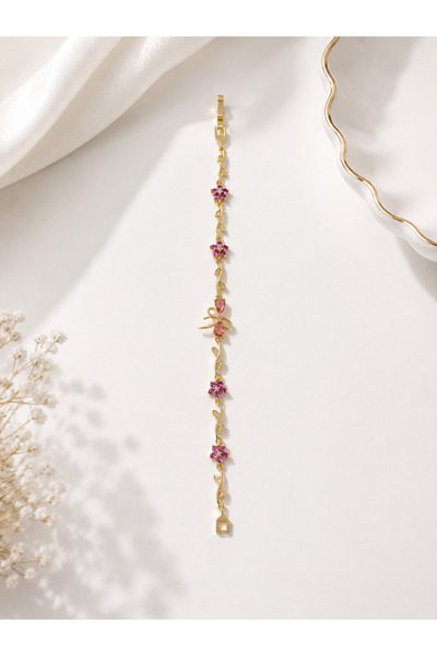 Lilith Takı Gold Color Pink Stone Bow Bracelet |   Elegant Flower Detailed Wo...