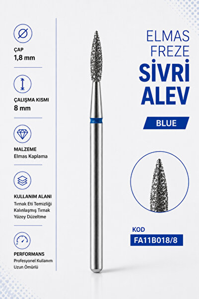 Elmas Freze Sivri Alev Mavi 1.8 mm Elmas Kaplama Tırnak Freze Ucu FA11B018/8