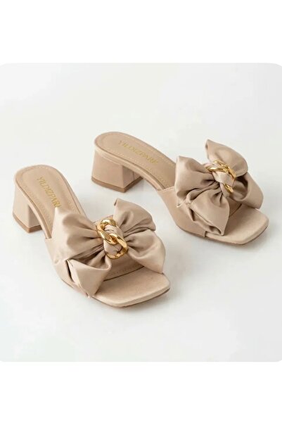 yıldızpark Beç Women's Bow-Tie Gold Buckle Women's Slippers for Daily Use