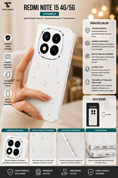 TechTrove Redmi Note 15 4G/5G Uyumlu Şeffaf ve Simli Darbe Emici Kamera Korum...