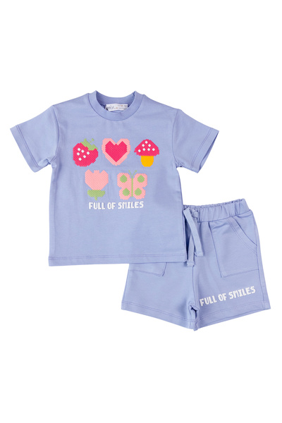 RCB Compleu Fetițe model Full of Smiles, Tricou și Șort Lila, Imprimeu Pixel Art