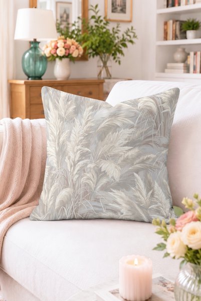 Home Bej ve Krem Pampas Otu Desenli Kırlent Kılıfı - Modern Botanik Dekoratif...