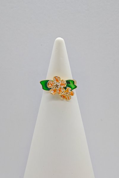Duiwerlis Women's Design Enamel Orange Flower Ring Hand-Painted Adjustable Gold Color Jewelry