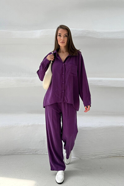 Lusin Women's Plum Oversize Stylish Tencel Fabric Shirt Wide Leg Pants Set Co...