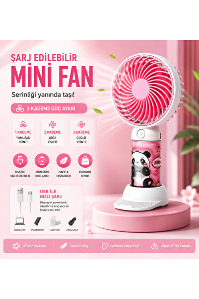 Genel Markalar Panda Figürlü Şarj Edilebilir Mini El Fanı – USB Şarjlı, 3 Kad...