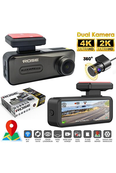 Poke Wifi Araç İçi 2 Kamera GPS'li DVR Led Ekran Gece Renkli Sesli 4K+2K Rose...