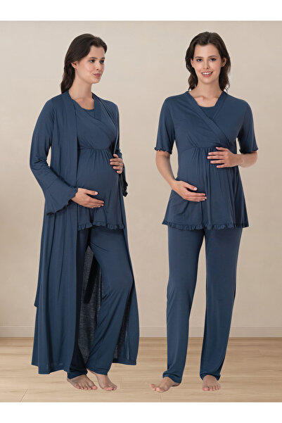 ByLohusa Soft Textured Cotton Maternity Pajama Set with Dressing Gown Effortt...