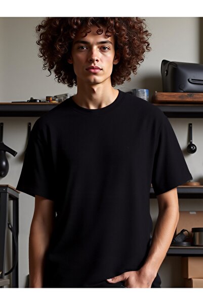 STITCHLY 1pc Men'S Black T-Shirt Soft Breathable Short Sleeve Round Neck Shir...