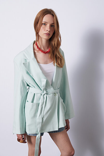 Nisan Linen Mixed Belted Blazer Jacket