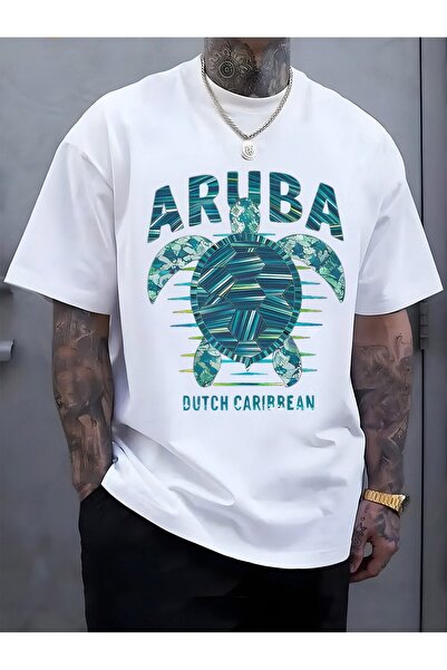 212Wear تي شيرت رجالي كاجوال بأكمام قصيرة مطبوع عليه شعار Aruba Turtle |   يا...