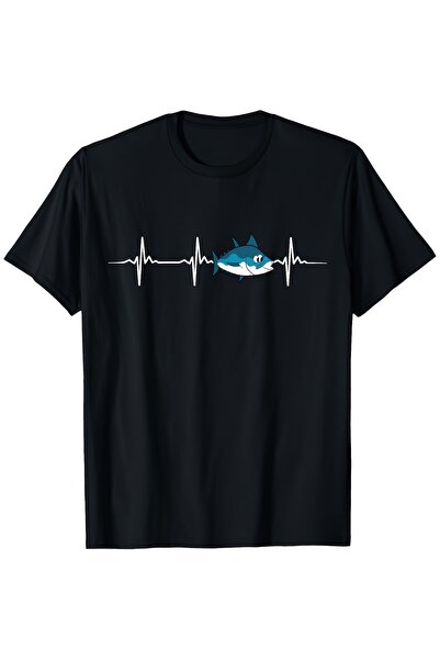 212Wear Men's Tuna Heart Rate Pattern T-Shirt Black Base with White Fish and ...
