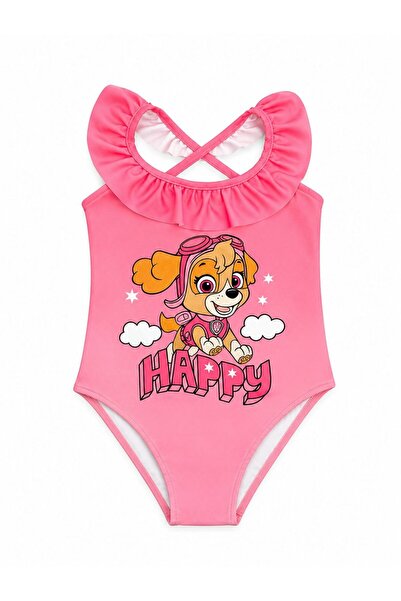 ALİŞ KİDS Girl's Pink Cheerful Dog Patterned Cross-Strapped Ruffled Quick-Dry...