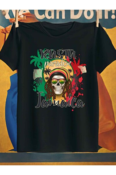 2mcup Jamaica Paradise Skull City Tshirts Plain Men 180G 100% Cotton Black Cl...