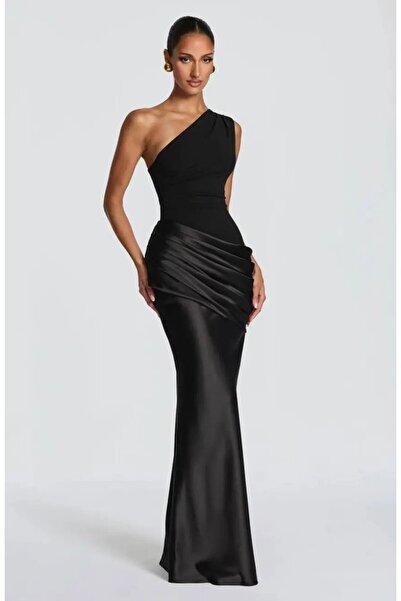 Cool & Sexy Black One-Shoulder Draped Satin Long Evening Dress