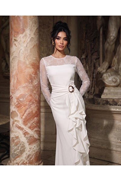 1Moda1Tarz Imported Crepe Lace Fabric, Ruffle and Buckle Detailed, Slit and L...