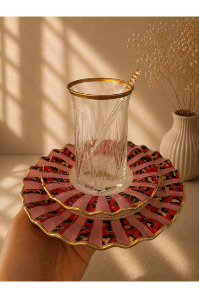 GÜRCÜGLASS Pink Leopard Model 24 Pcs Tea Pleasure with Spoon