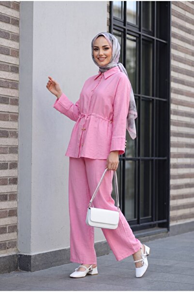 Modamorfo Cotton Crinkle Suit with Tunnel Lace-Up Detail and Elastic Waist Pa...