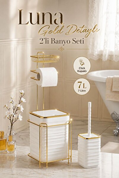 Store HGY Home Luna Yedekli Wc Kağıtlıklı Gold Detaylı 2'li Banyo Seti - 7 Li...