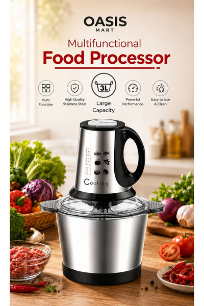 OASIS MART Electric Meat Chopper & Food Processor 3L – Stainless Steel Bowl,2...