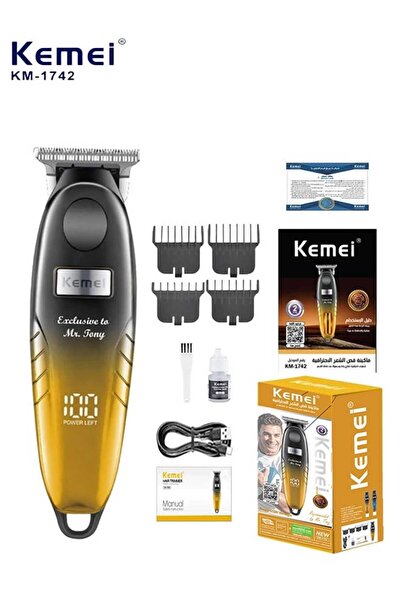 Generic Kemei KM-1742 professional hair clipper featuring a black-to-gold gra...