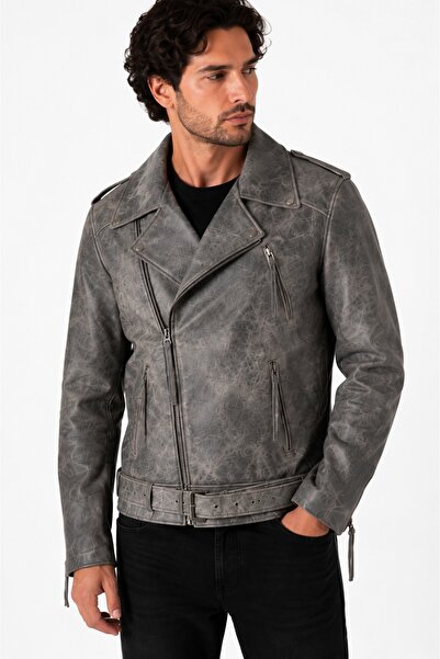 MİRENA LEATHER Erkek Vintage Gri Biker Hakiki Deri Ceket